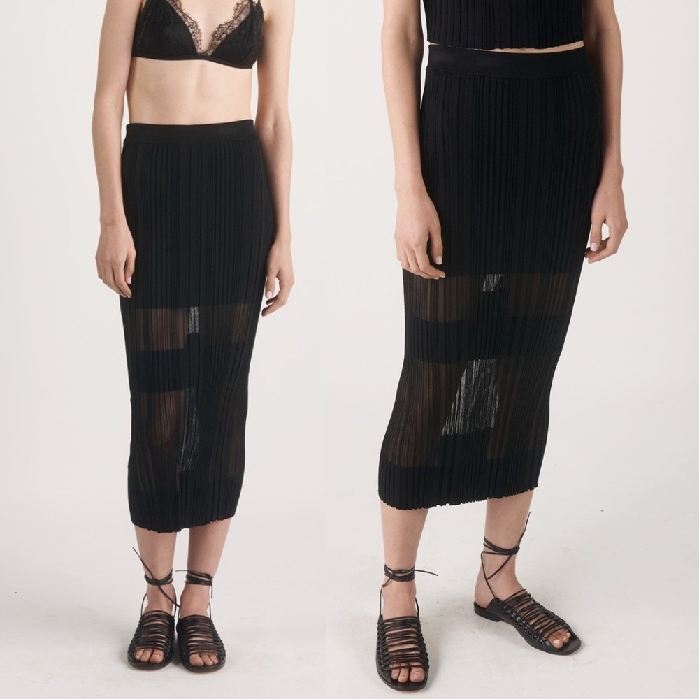 Dion Lee Skirt Opacity Pleat Black Ribbed Knit Midi Skirt Sheer Panel Size 2